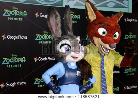 Characters Nick Wilde and Judy Hopps at the Los Angeles premiere of 'Zootopia' held at the El Capitan Theater in Hollywood, USA on February 17, 2016.