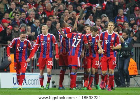 MUNICH, GERMANY - MARCH 11 2015: Bayern Munich's defender Jerome Boateng celebrates scoring a goal during the UEFA Champions League match between Bayern Munich and FC Shakhtar Donetsk. 