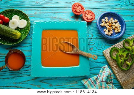 Gazpacho andaluz is a fresh tomato soup and vegetables of Andalusian Spain