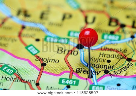 Breclav pinned on a map of Czech Republic