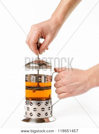 Hand Pull French Press For Making Tea Isolated