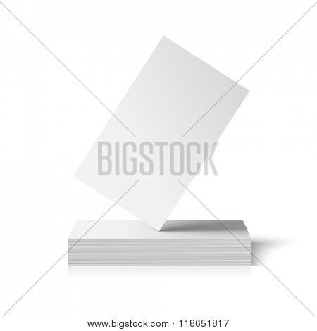 Vector business card mockup. One card standing on top of a pile. Realistic illustration.