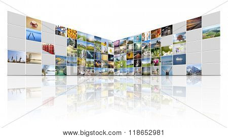 A futuristic video wall with 100 screens some are off