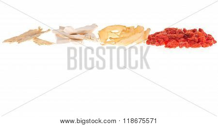 close up different kind of Chinese herbal medicine for soup food on white background