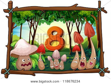 Number eight with 8 mushrooms in the forest illustration