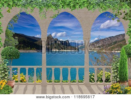terrace with view to the mountain lake ,Europe ,France