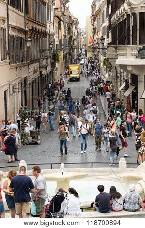 Rome Italy - June 15 2015: Fontana Della Barcaccia And Via Dei Condotti Seen From The Most Holy Trin