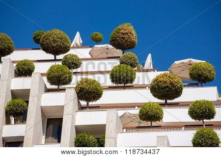 Eilat Israel - February 11 2016: Detail of a eco-friendly building with trees on the balkons in Eilat Israel