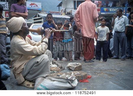 VASHISHT, INDIA - JULY 5, 2006 - A snake charmer draws a crowd with his cobras in baskets in Uttar Pradesh.