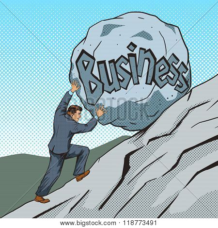Businessman pushing a stone uphill pop art vector