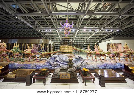 BANGKOK THAILAND - NOVEMBER 07 2015: Traditional Thai god monuments decorated inside Suvarnabhumi International Airport. Here is one of two international airports in Bangkok.