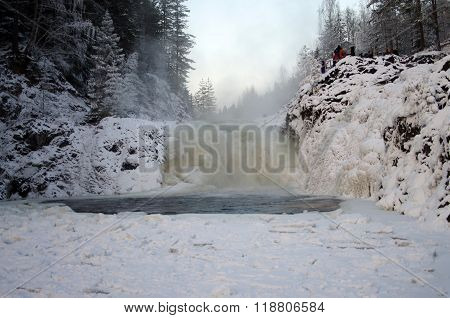 Frozen Waterfall Kivach In  Cloudy January Day. Karelia, Russia