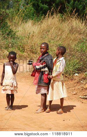 August 8 2014 - The children of Kilolo mountain in Tanzania - Kilolo - Africa - A group of unidentified children run at the arrival of the volunteers at the dispensary of Kilolo run by NGOs Mawaki where they will find food and medical care