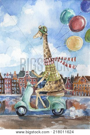 Cute giraffe driving retro scooter holding colorful balloons in one hand on european city landscape background. Hipster animal character. Watercolor nursery illustration. Hand drawn childish art