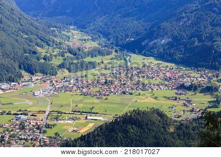 Interlaken town and Aare river from the view point of Harder Kulm Interlaken Switzerland
