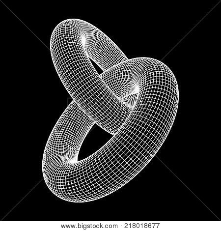 Wireframe polygonal element. 3D Torus chain with lines and dots abstract vector background