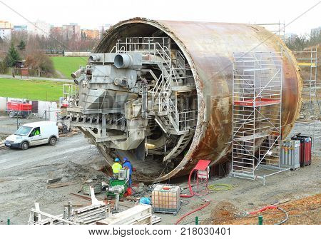 PILSEN / CZECH REPUBLIC - DECEMBER 10, 2017: Tunnel boring machine at railroad construction site. Building of new high speed track to Germany.
