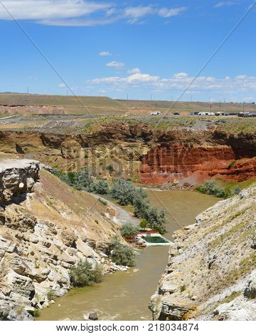CODY, WYOMING - JUNE 24, 2017: Colters Hell. The area of thermal activity, is named for John Colter the mountain man and explorer possibly the first white-man to have traveled this area.