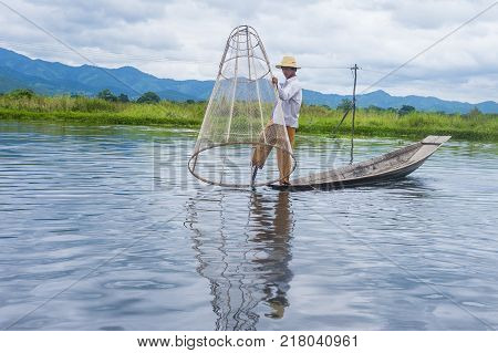 Inle Lake Myanmar - Sep 07 : Burmese Fisherman At Inle Lake Myanmar On September 07 2017 Inle Lake I