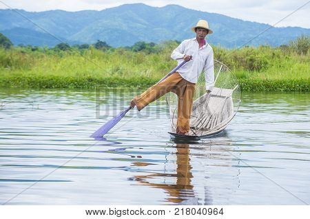 Inle Lake Myanmar - Sep 07 : Burmese Fisherman At Inle Lake Myanmar On September 07 2017 Inle Lake I