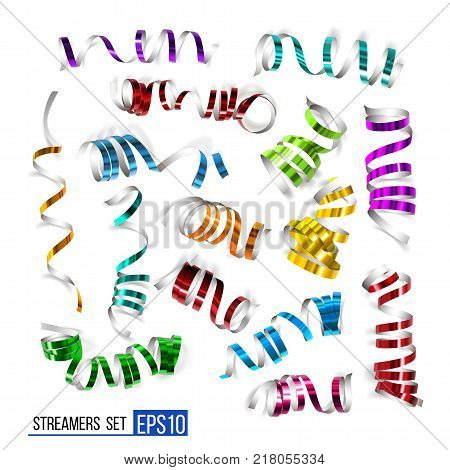 Festive colorful ribbons on white background. Realistic vector streamers. Carnival party serpentine decoration for your banner and greating card design.