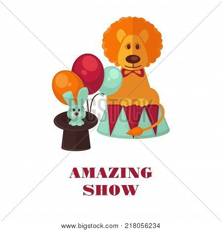 Circus show only tonight promotional poster with trained animals such as lion and rabbit, and clown in cone hat surrounded with balloons and balls cartoon flat vector illustration on blue background.