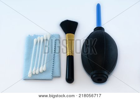 photo of cleaning kit isolated on white background