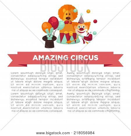 Circus show only tonight promotional poster with trained animals such as lion and rabbit, and clown in cone hat surrounded with balloons and balls cartoon flat vector illustration on blue background.