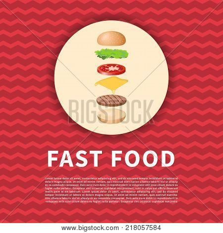 The ingredients of the Burger on red poster. Cute cartoon colored picture of fast food. Menu design elements. Vector illustration of fast food for bistro, snackbar, cafe or restaurant