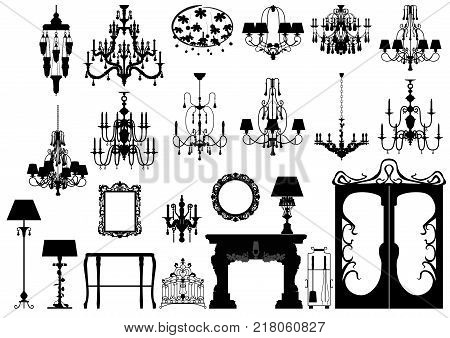 Collection of editable vector furniture and lightings silhouettes