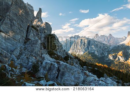 Beautiful autumn colors in Dolomites mountain Tofana peak Cinque Torri mountain in Italy Europe