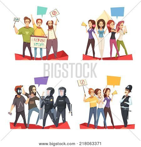 Protesting crowd 2x2 design concept with police officers and young people shouting their requirements cartoon vector illustration