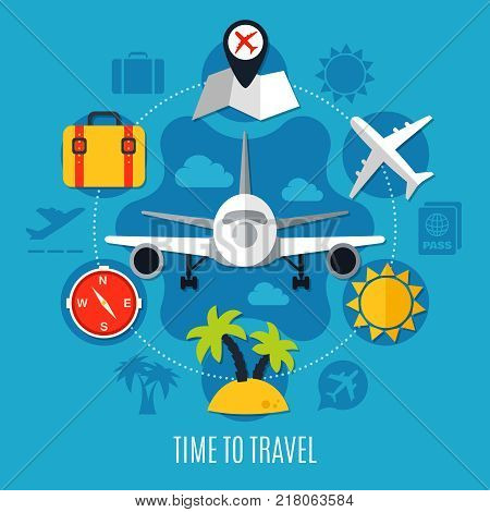 Vacation air travel advertisement poster with flat colorful aircraft luggage tropical palms sun compass symbols vector illustration