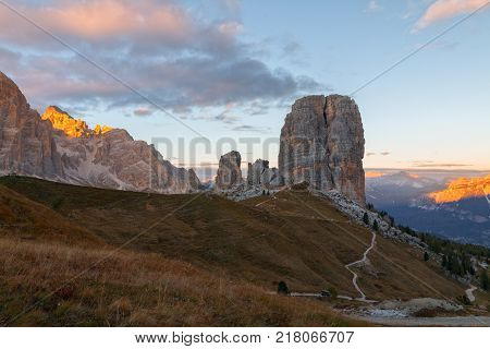 Cinque Torri Mountain, Beautiful Autumn Colors In Dolomites Mountain On The Background Tofana Peak I