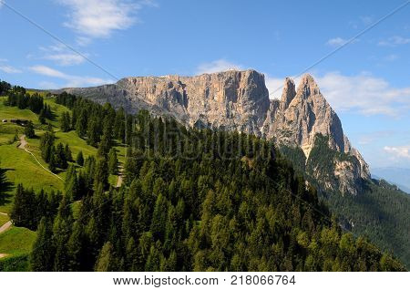 Sciliar from Seiser Alm Alpe di Siusi, Dolomites, Trentino-Alto Adige, Italy.