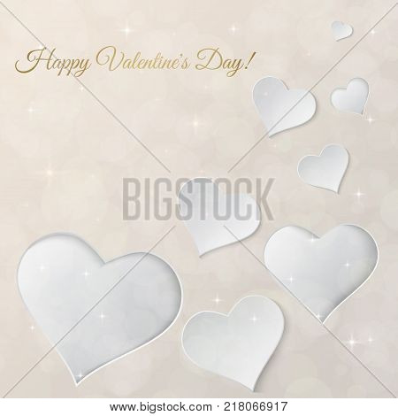 Bright Valentines day vector background. Sparkling paper hearts on bokeh background. Greeting card design