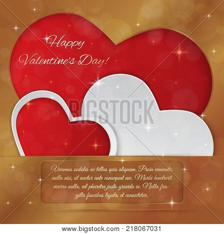 Bright Valentines day vector background. Sparkling paper hearts on bokeh background. Greeting card design