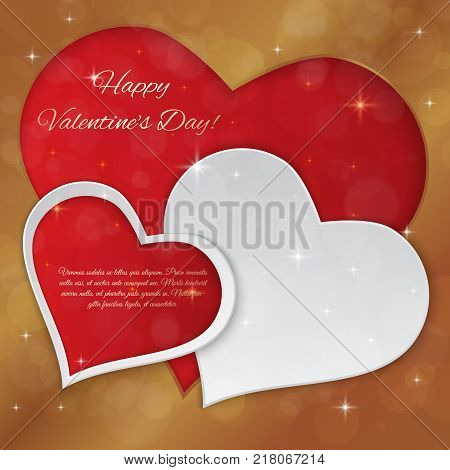 Bright Valentines day vector background. Sparkling paper hearts on bokeh background. Greeting card design