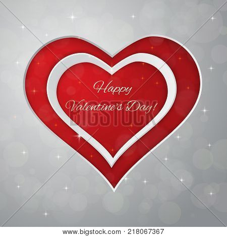 Bright Valentines day vector background. Sparkling paper hearts on bokeh background. Greeting card design