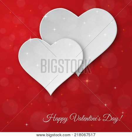 Bright Valentines day vector background. Sparkling paper hearts on bokeh background. Greeting card design