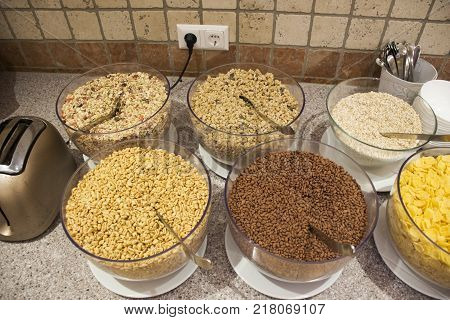 Many flavor cornflake crispy for people eating with milk or yogurt in restaurant room at resort hotel at Pfunds in morning time in Tyrol Austria