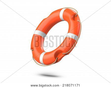 A life buoy for safety at sea, isolated on white background. 3d rendering of orange lifebuoy ring