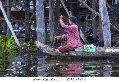 Tonle Sap Cambodia - Oct 18 : Cambodian Woman In Tonle Sap Lake Cambodia On October 18 2017. Tonle S
