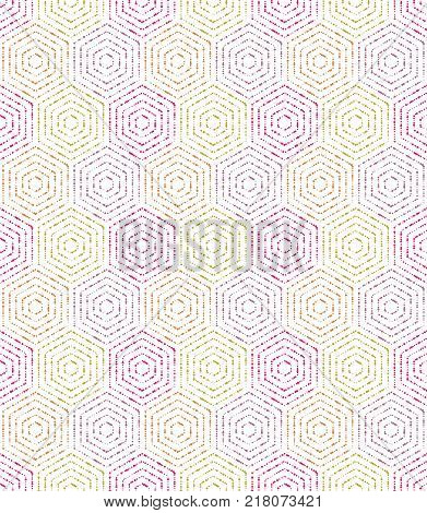 Geometric repeating vector ornament with colorful hexagonal dotted elements. Geometric modern ornament. Seamless abstract modern pattern