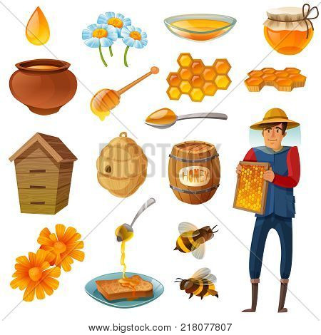 Honey in various containers cartoon set including beekeeper with honeycombs, bees, hives, droplet, flowers isolated vector illustration