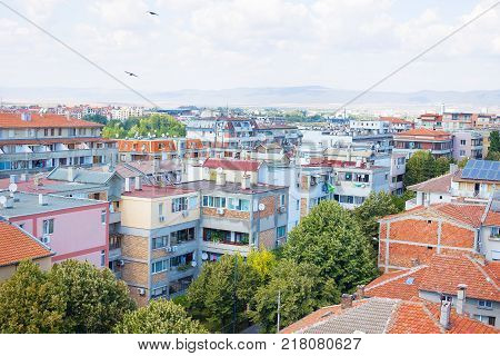Beautiful roofs of Nessebar, view from above-summer, sun