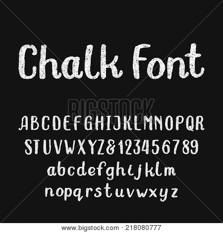 Chalk alphabet font. Hand drawn type letters and numbers on a dark background. Stock vector typeface for your headers or any typography design.