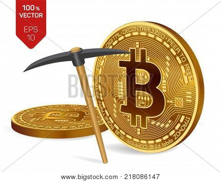 Bitcoin mining concept. 3D isometric Physical bit coins with pickaxe. Digital currency. Cryptocurrency. Golden coins with bitcoin symbol isolated on white background. Vector illustration