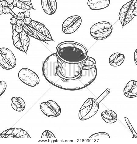 Seamless background Organic coffee shop leaf, bean vector hand drawn template packaging cosmetic, label, banner, poster, identity, branding. design with of coffee sketch. Food and drink organic shop