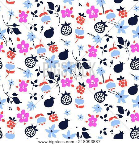 Millefleur flowers and fruits pink purple abstract seamless pattern. Floral blue stylized repeating vector ornament.